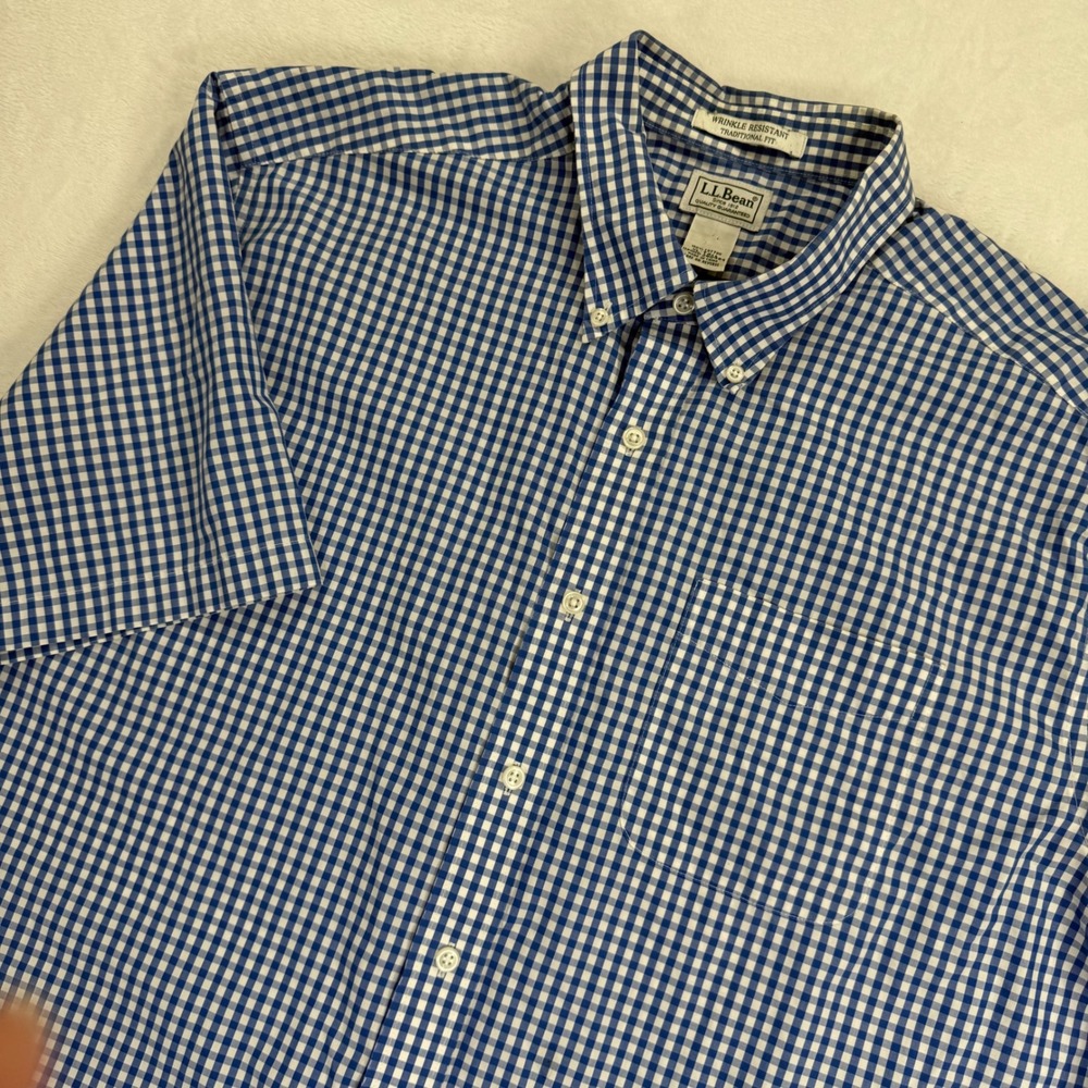 LL Bean XL Tall Blue Gingham Button Down‎ Shirt Short Sleeve Wrinkle Resistant